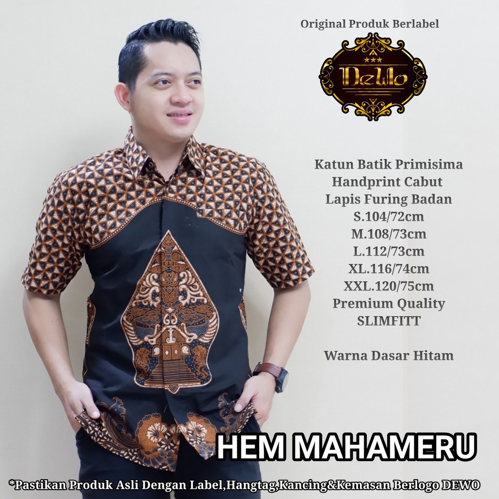 MAHAMERU BLACK Kemeja Batik Pria Lengan Pendek Katun Halus FULL FURING Batik Dewo