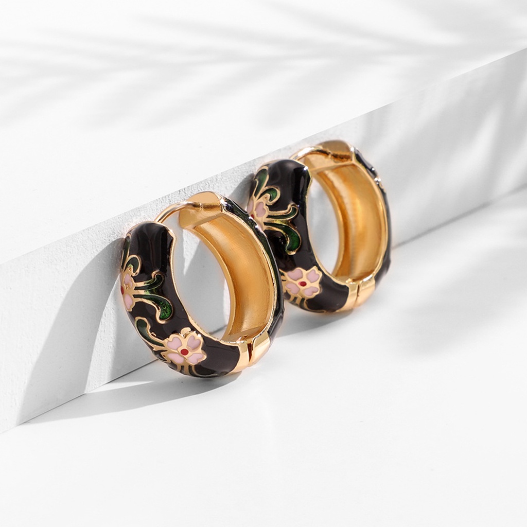 Hu Hu Hu Hu Hu Alat Bantu Pasang Kacamata♡ 1 Pasang Anting Stud Bentuk Lingkaran Motif Print Bunga Aksen Kubik Zirkon Gaya Vintage