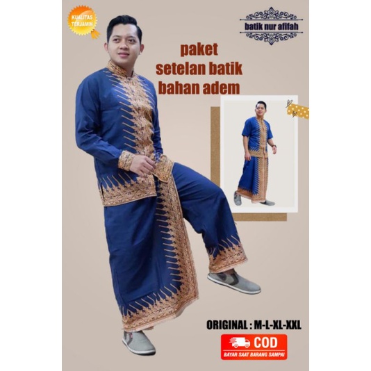 baju pria dewasa setelan clana sarung dan koko batik solo motip modang biru gagah