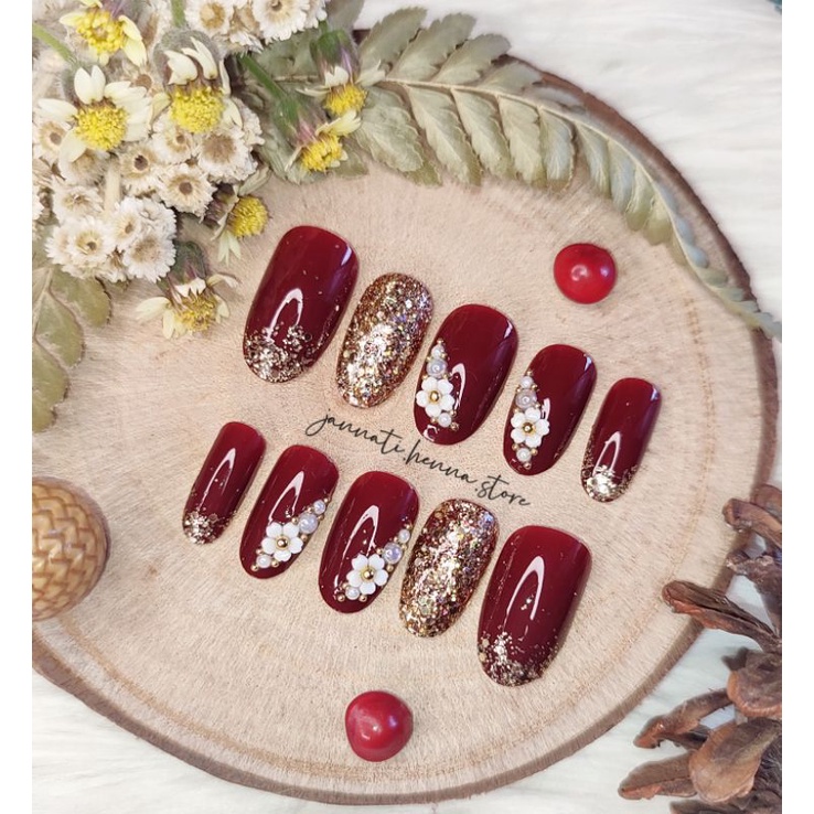 NAIL ART MERAH WEDDING 3D KUKU PALSU HANDMADE KUKU PALSU PENGANTIN KUKU PALSU merah ISI 10 JANNATI H