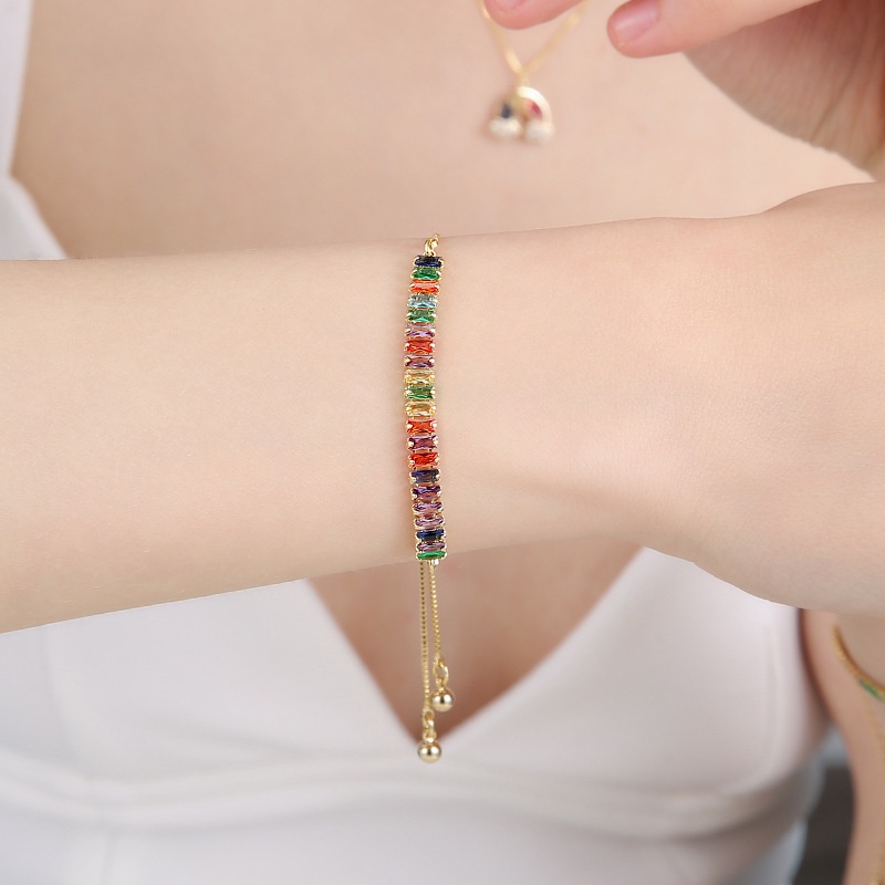 Hadiah Perhiasan Rainbow Kristal Zirkon Rantai Adjustable Bracelet Gelang Multicolor Warna-Warni Gadis Tenis Wanita