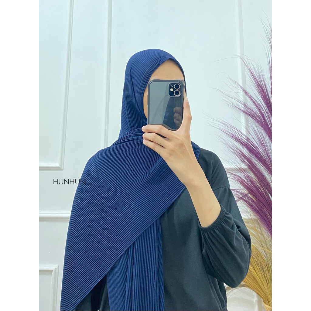(Full Plisket Ceruty) Pashmina Pasmina Plisket Lidi Premium/ Fatin Jilbab Pasmina-FULL CERUTY (B) NAVY