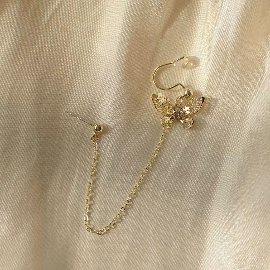 1pc Anting Rantai Klip Bentuk Kupu-Kupu Bahan S925 Silver Needle Gaya Korea Untuk Wanita