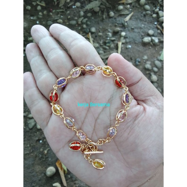 Gelang rantai oval batu alexandri lapis emas 24k