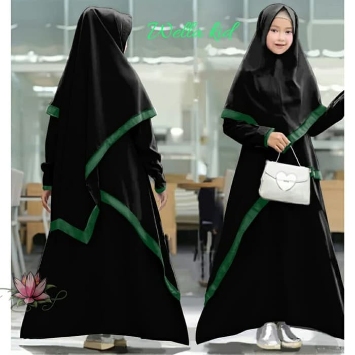 gamis anak wella hitam+bergo fashion anak baju muslim stelan anak