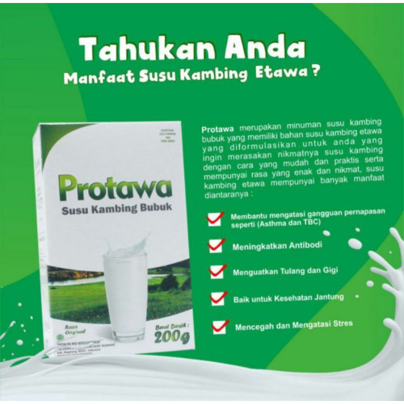 

Protawa Susu Kambing Etawa Bubuk 200 gram (1 box isi 10 sachet)