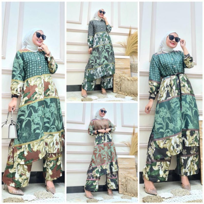 SETELAN CELANA DAN LONG TUNIK MAXMARA/PAKAIAN WANITA MUSLIM/BAJU ONESET SYARI/BAJU SETCEL MOTIF