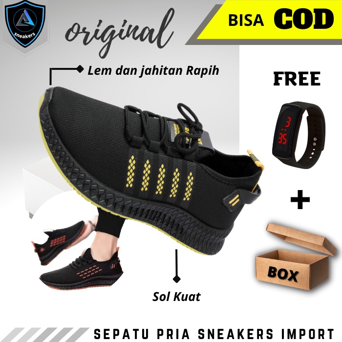 Sepatu Sneakers Pria Import Hitam Keren Casual Running Sport Shoes Santai Kekinian Terbaru 2022 Pria