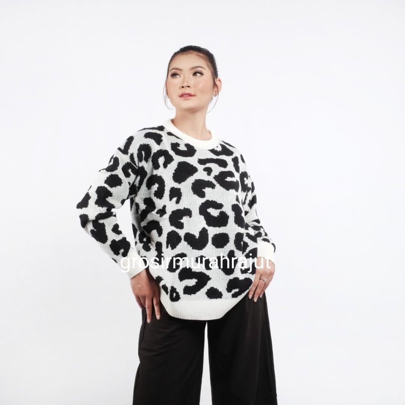 GS049 Sweater Rajut Wanita Premium Motif cheetah Vintage chloe