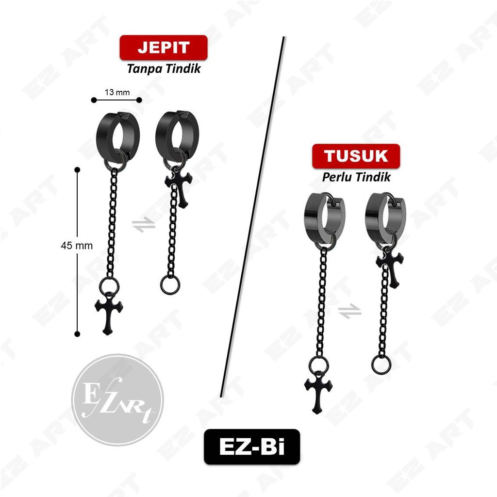 1Pc EZ-Bi Anting Salib Hitam untuk Pria Wanita Jepit Tusuk Tanpa Lubang Telinga Titanium Stainless