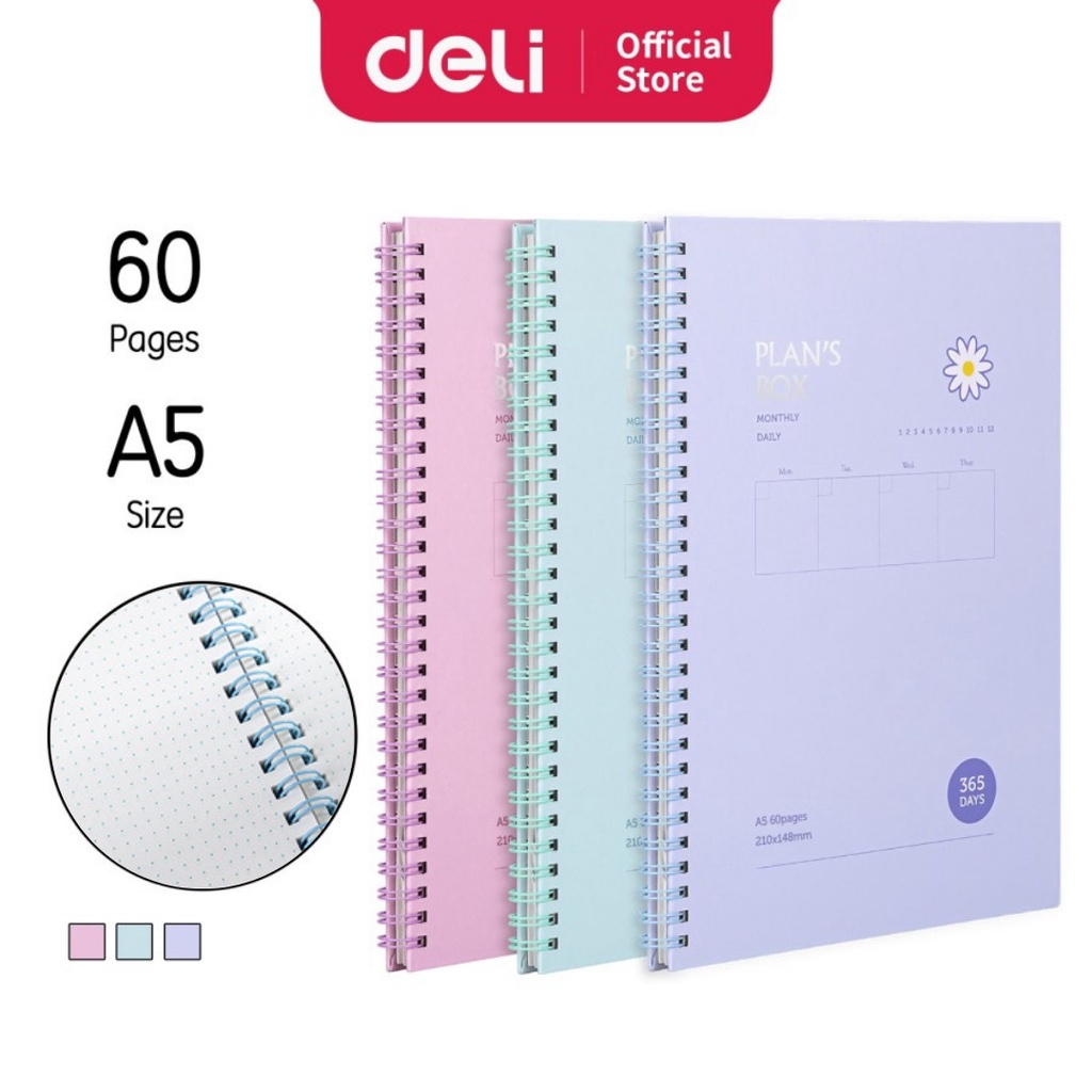 Deli Spiral Buku Agenda / Planner Diary Book A5 60 lembar kertas 3
Warna, Tali Karet Pengait 24200