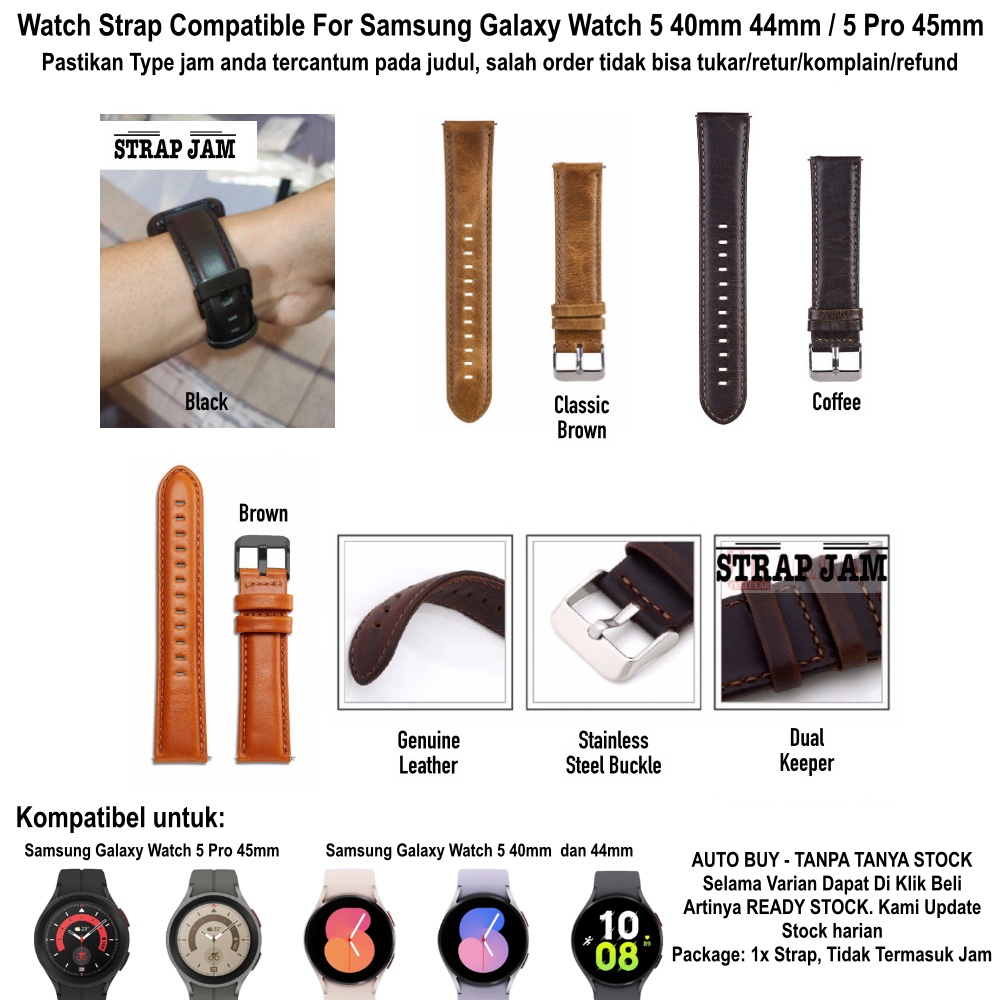 Strap Samsung Galaxy Watch 5 40mm 44mm Pro 45mm - Tali Jam 20mm Kulit Genuine Leather