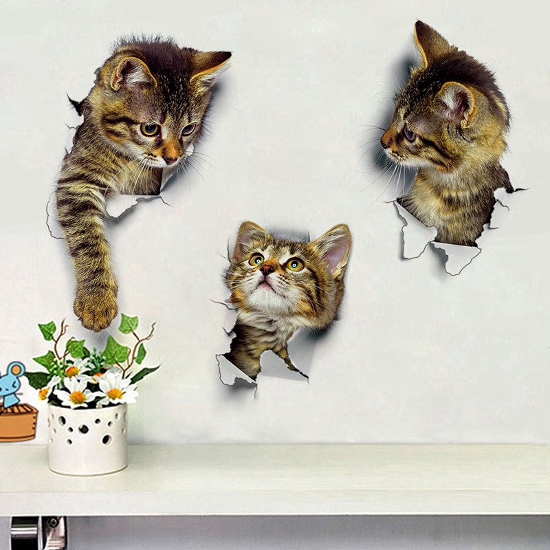 Hot Sale/Stiker Dinding Kucing 3D Kitten Lucu/3D Kitten Cat Sticker/Stiker Kamar Mandi/Rumah Kamar Tidur/Kucing Hidup Stiker Mobil/Wall Art Decor/Kulkas Decal Home Mural Art Decor