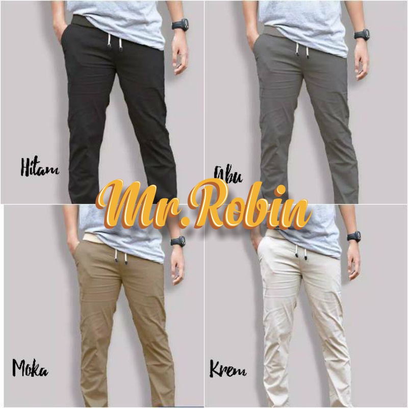 Celana chino kolor rip pinggang karet celana chinos panjang kain pria chinospant