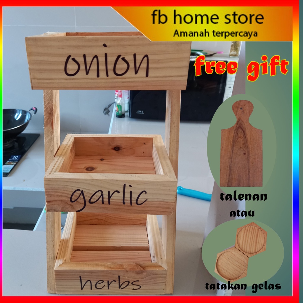 rak bawang kayu/ rak bawang susun 3 /rak bumbu dapur serbaguna