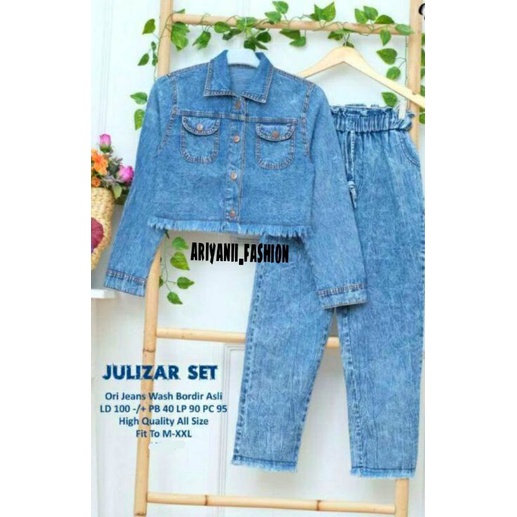 ARN - JAKET WANITA JULIZAR SETELAN CELANA JEANS ONE SET JACKET CROP OUTFIT CASUAL OOTD CEWE ORIGINAL Jins