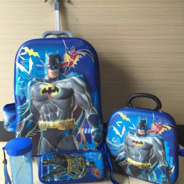 (RK)Tas Troli Anak Laki-Laki TK SD 6D 3 Roda 4in1 Set Batman