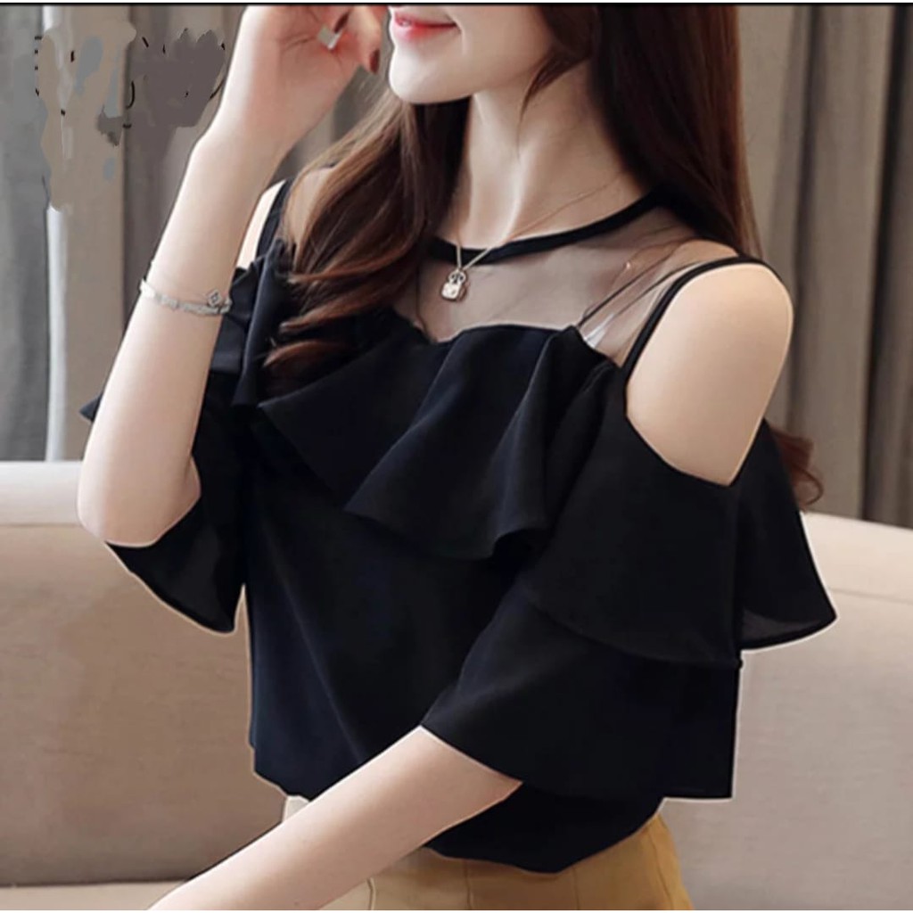 QFS BLOUSE MISS 518 / HITAM / MERAH / FIT TO M DAN L / COMBI TILE