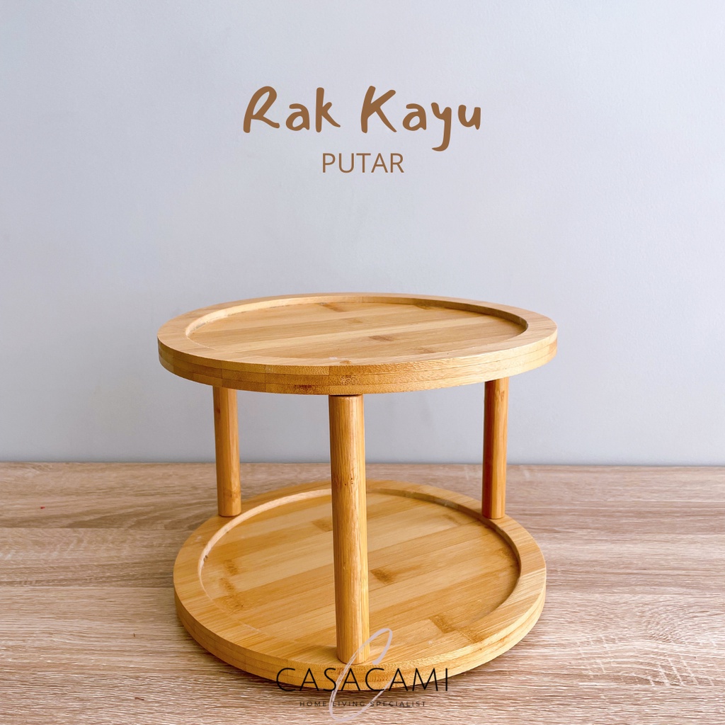 WOODEN SHELF RAK KAYU TEMPAT BUMBU PUTAR 2 TINGKAT