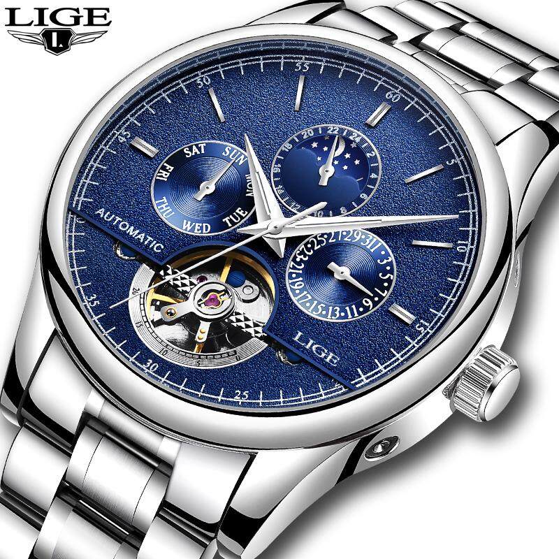 LIGE Jam Tangan Stainless Steel Pria, Arloji Bisnis Kasual Mekanikal Otomatis, Tahan Air