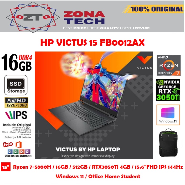 HP VICTUS GAMING 15 FB0012AX - RYZEN 7-5800H - 16GB - 512GB SSD - NVIDIA RTX3050Ti 4GB - 15.6&quot;FHD IPS 144Hz - WIN11 - OHS