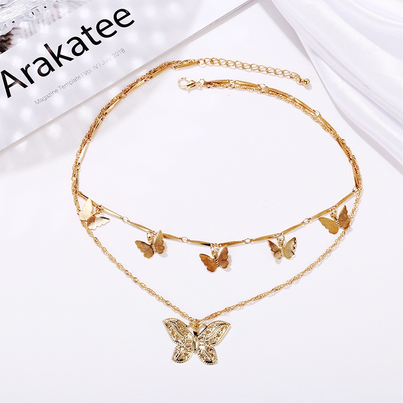 【Ready stock】Kalung wanita korean style rantai Liontin Kupu-kupu Baru Kalung Multi-layer Kreatif Retro Emas Alloy Kalung Double-layer fashion murah COD