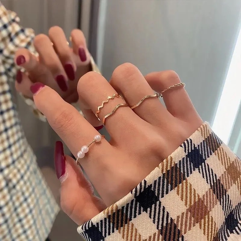 5pcs / Set Cincin Jari Telunjuk Bentuk Geometris Aksen Mutiara Gaya Korea Untuk Wanita