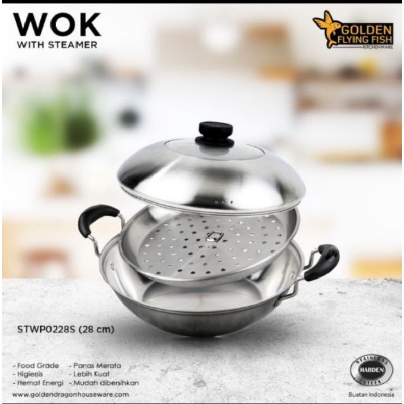 Wok Pan Steamer Harden Stainless Steel 28cm Golden Flying Fish