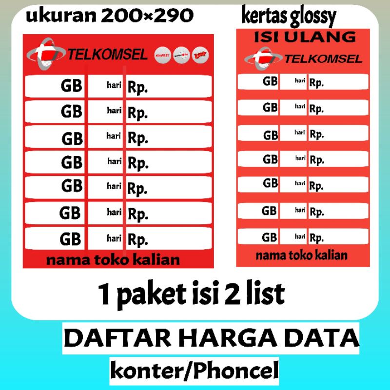 

1 paket isi 2 list daftar harga paket kouta konter telkomsel 110 - BA Design