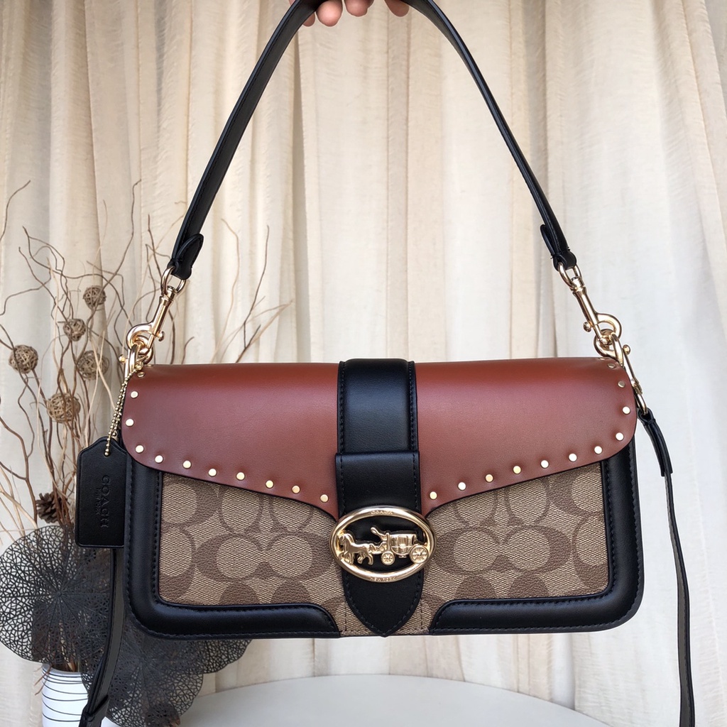 [Instant/Same Day]New Coach 5605  Women's Bag Georgie Series Color-blocking Bacchus Bag Shoulder Bag Diagonal Bag Handbag     jsb