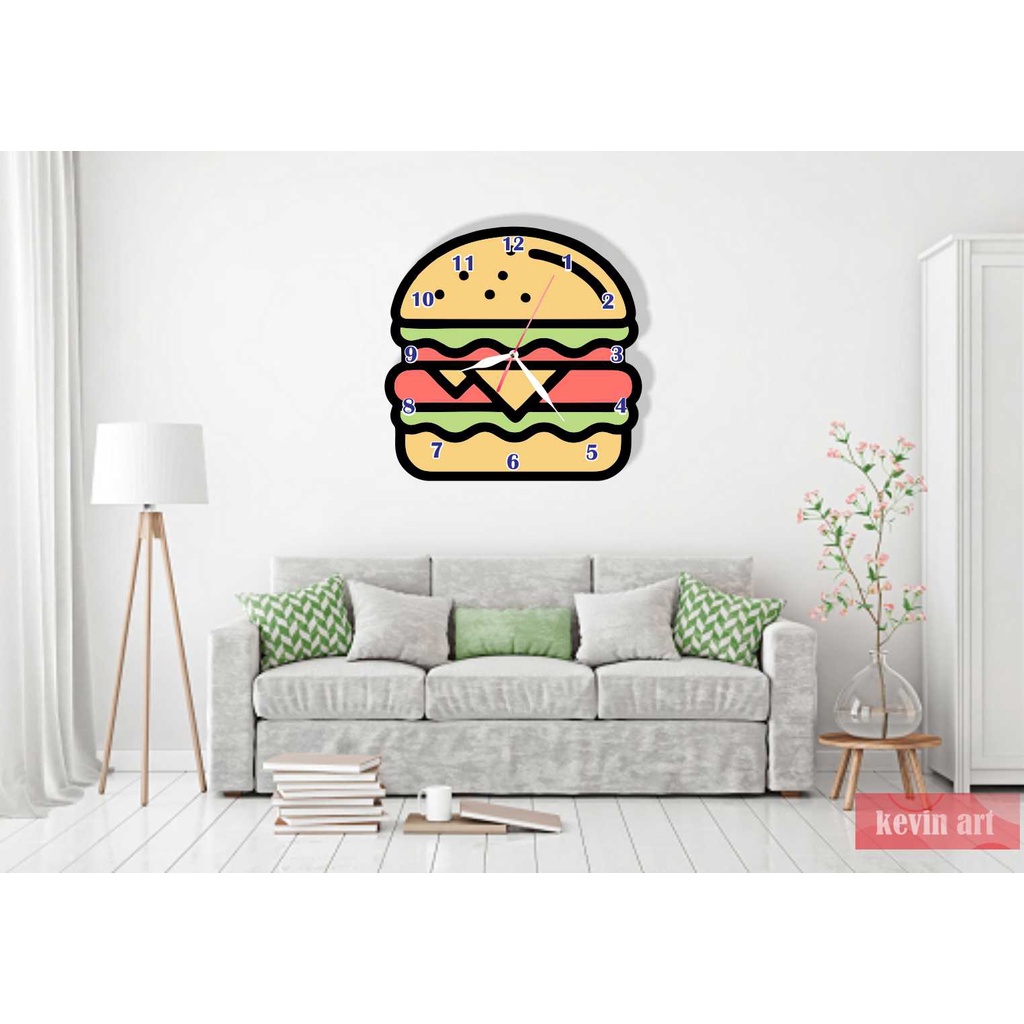 JAM DINDING KAYU UNIK KARAKTER ANAK GAMBAR BURGER ANIMASI KARTUN LUCU MINIMALIS MURAH TEMPEL TEMBOK CUSTOM BESAR ARTISTIK MODERN MEWAH DEKORASI DINDING HIASAN DINGDING KAMAR TIDUR ANAK TERLARIS