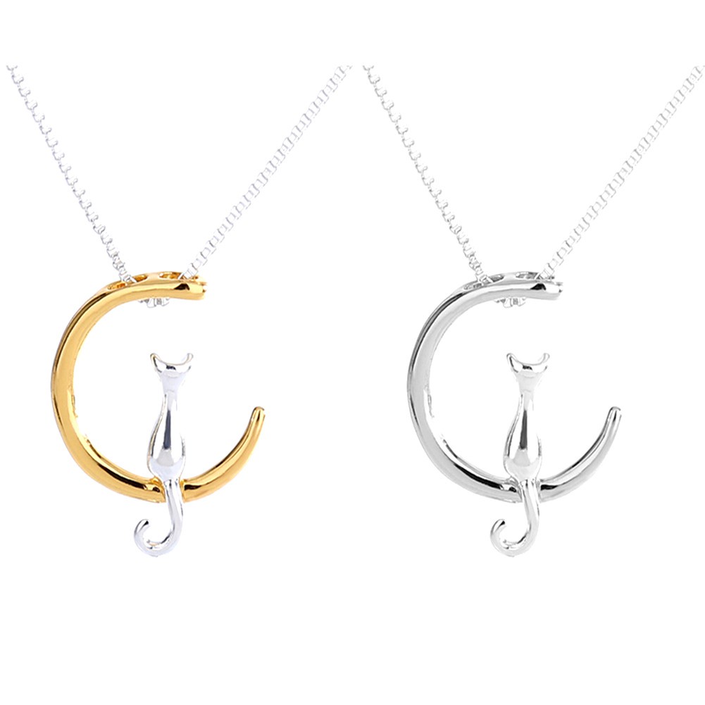 Fine 925 Silver Cats Moon Pendant Necklace Romantic Charm Alloy Chain Necklaces