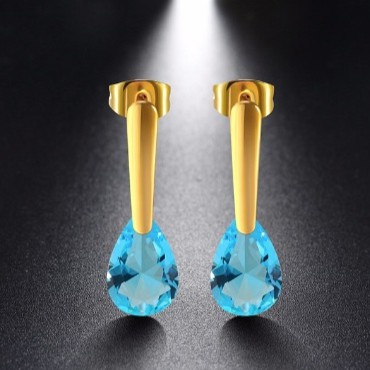 Anting Stainless Steel Lapis Emas 18k Gold Batu Biru Teardrop - BE124B