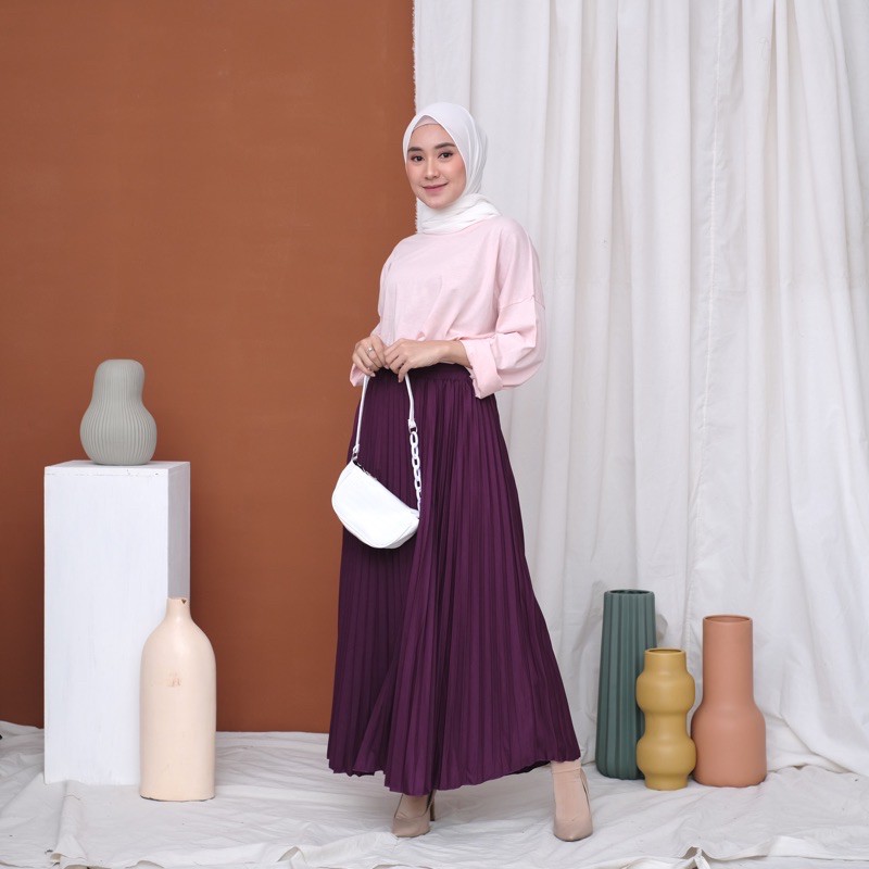 ROK PLISKET 256.B MURAH PREMIUM HYGET POLOS FLARE SKIRT REMPEL MUSLIM MAYUNG PANJANG MODELLANO FREXA-Ungutua