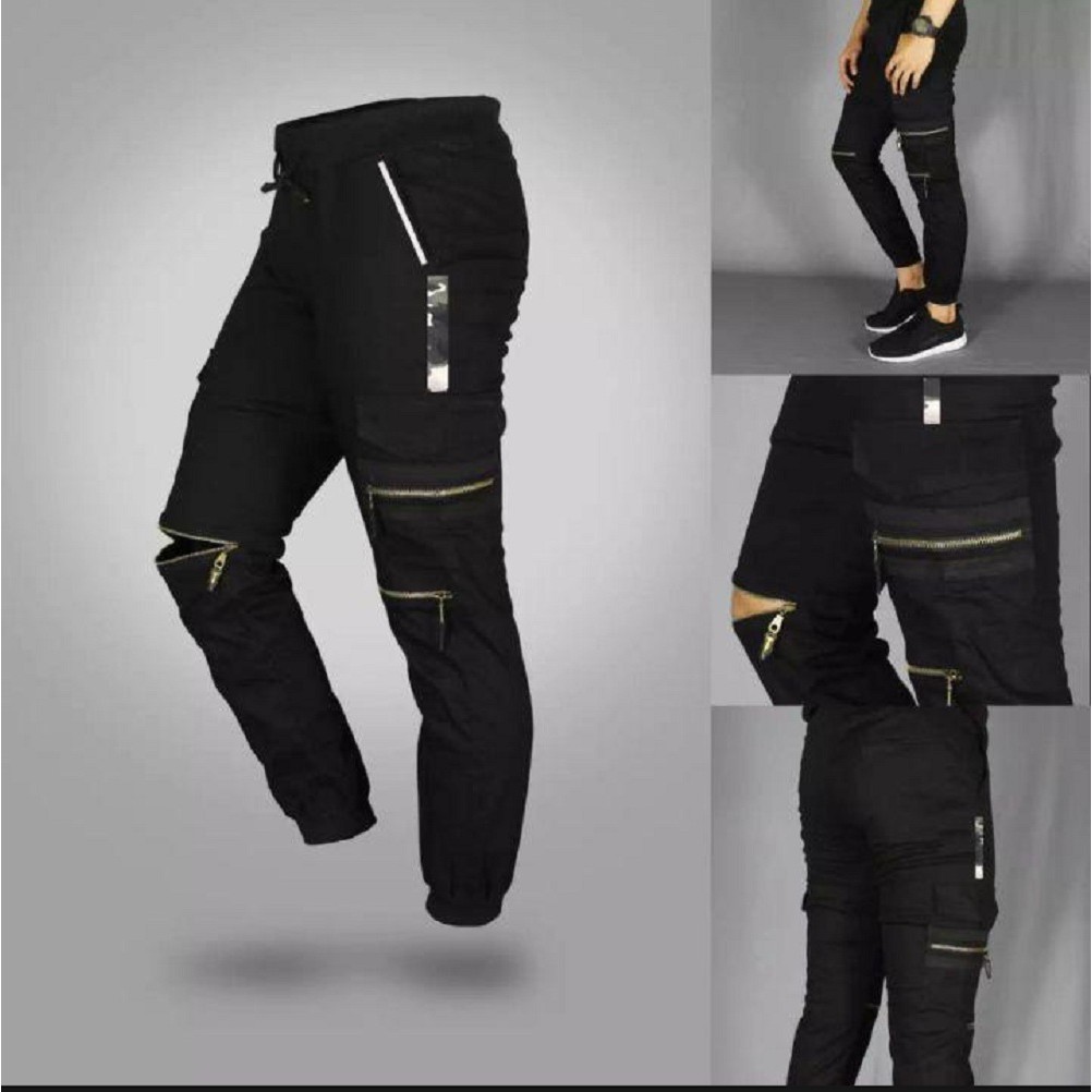 Atjin- Celana Joger Pria Model Biker Risleting 4 Titik Katun Stretch