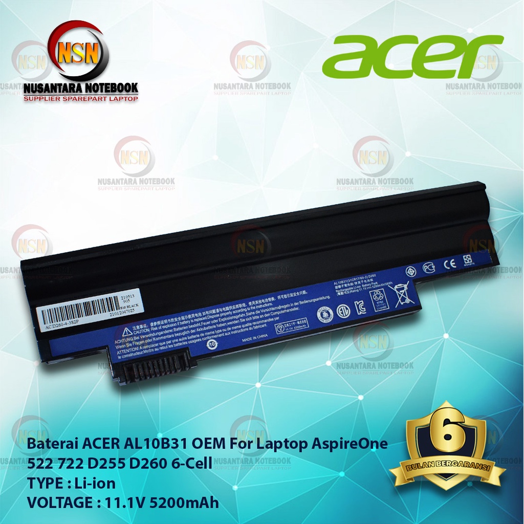 Baterai Acer AL10B31 OEM For LaptopAspireOne 522 722 D255 D260 6-Cell