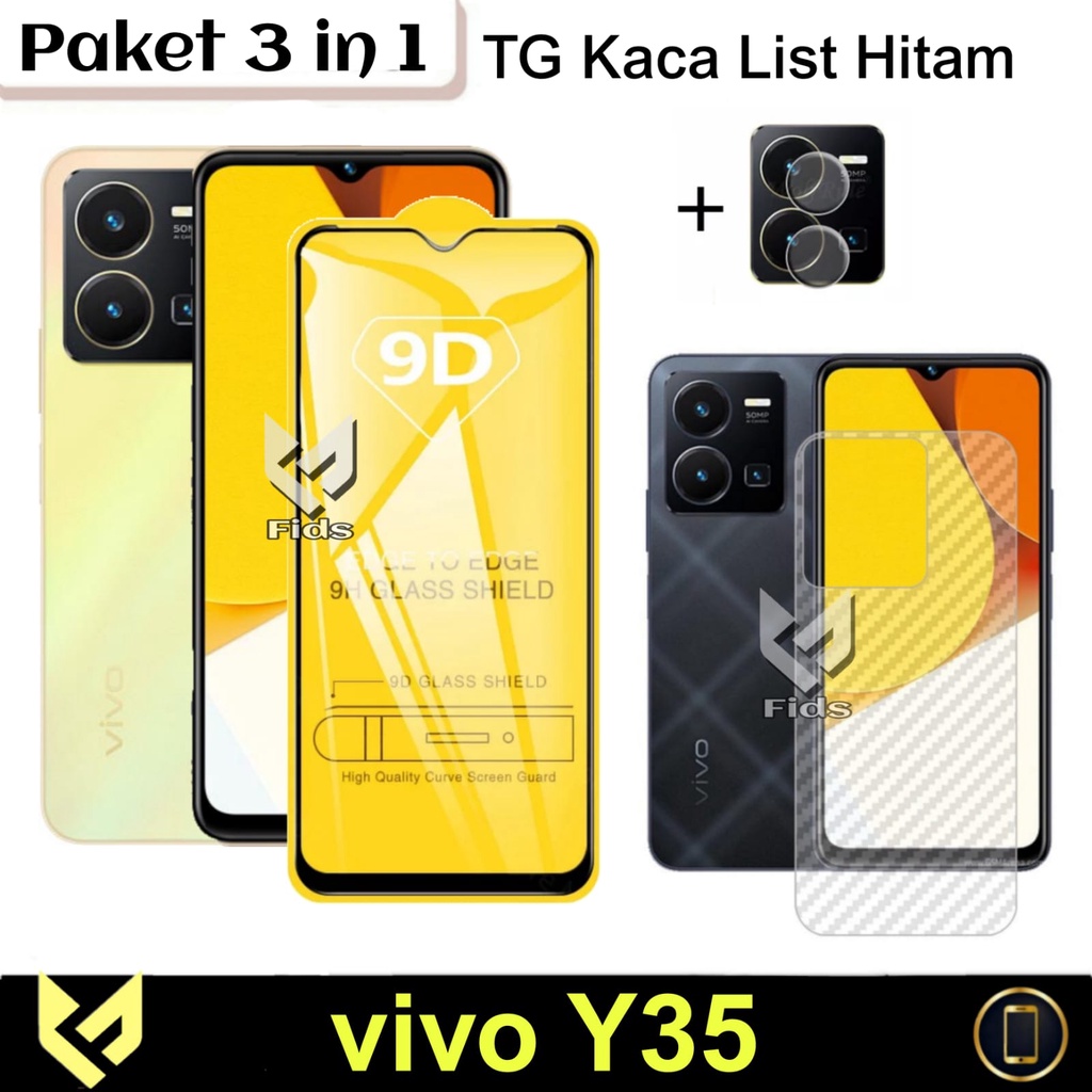 NEW PROMO Paket 3IN1 For VIVO Y35 2022 / VIVO Y16 2022 / VIVO Y22 2022 Anti Gores Layar List Hitam Free Lens Camera &amp; Skin Carbon Anti Gores Jamur Body Belakang Handphone