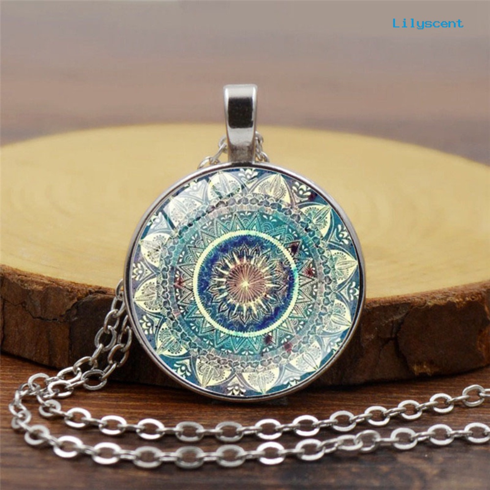 Kalung Rantai Panjang Dengan Liontin Kaca Cabochon Motif Mandala Gaya Vintage Untuk Wanita