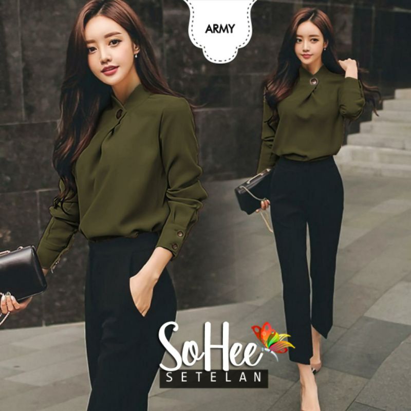 SET SOHEE FASHION PAKAIAN WANITA SETELAN ATASAN DAN CELANA BAHAN MOSCREPE JCHM