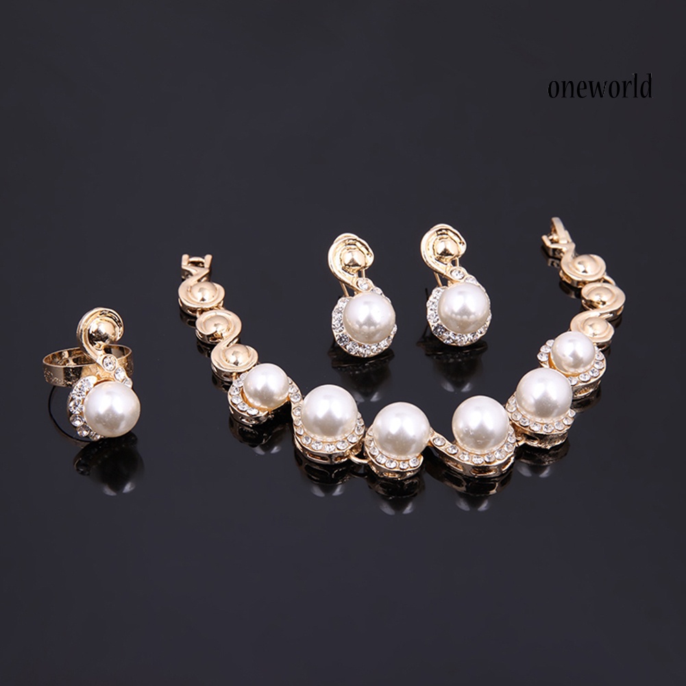 OW@ Women Pearl Inlaid Rhinestone Necklace Bracelet Stud Earrings Ring Jewelry Set