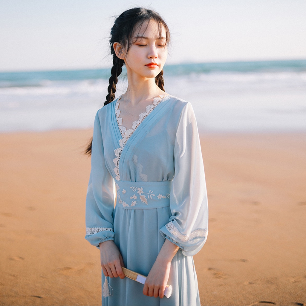 Dress Model V neck Motif Bordir Gaya Retro Cina Bahan Lace  