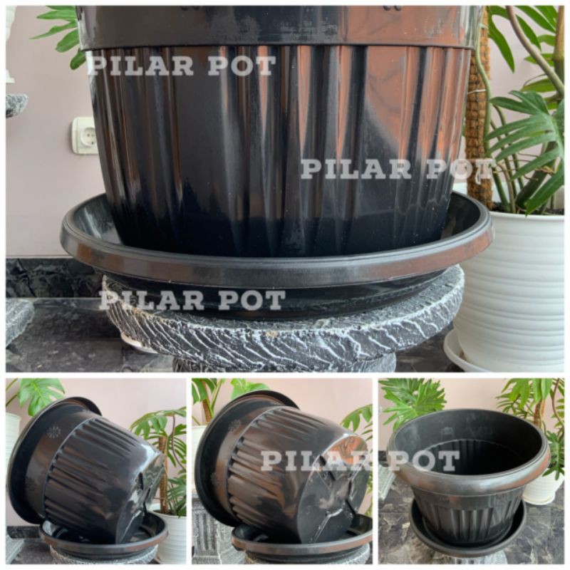 Pot bunga tanaman plastik hitam Grace 40cm kuping + tatakan hitam