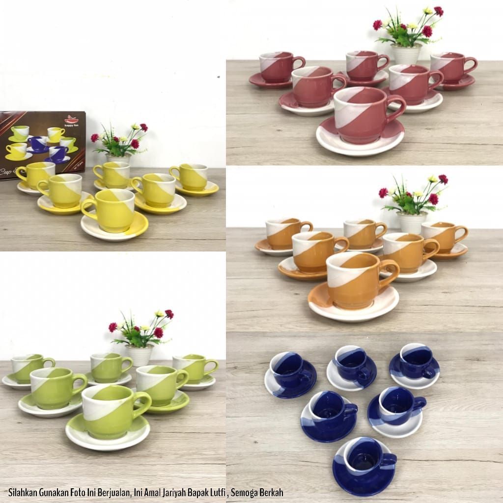 [Alx] Cangkir Cup & Saucer Gradasi 12 Pcs Happy Fun