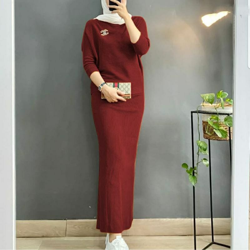 Stelan blouse rajut batwing+Rok rajut / one set baju rajut terbaru