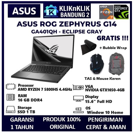 LAPTOP GAMING ASUS ROG ZEPHYRUS G14 RYZEN 7 5800H 16GB 1TB GTX1650-4GB FHD IPS 144HZ BL ECLIPSE GRAY