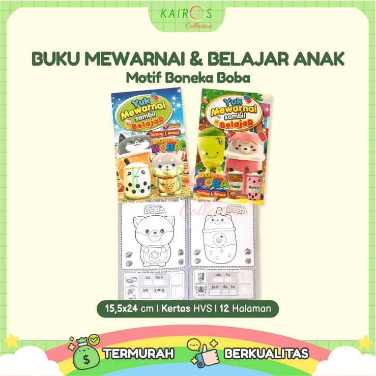 Paket Buku Warna Belajar Anak Motif Mewarnai Boneka Boba + Crayon  Atau Pensil Warna