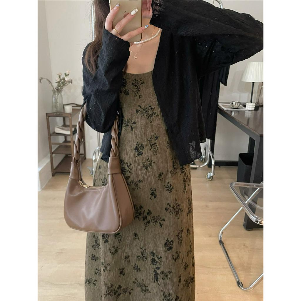 XIAOZHAINV Korean Style Floral Skirt Temperamen Retro Rok Suspender Panjang Wanita + Kardigan Rajutan Lengan Panjang