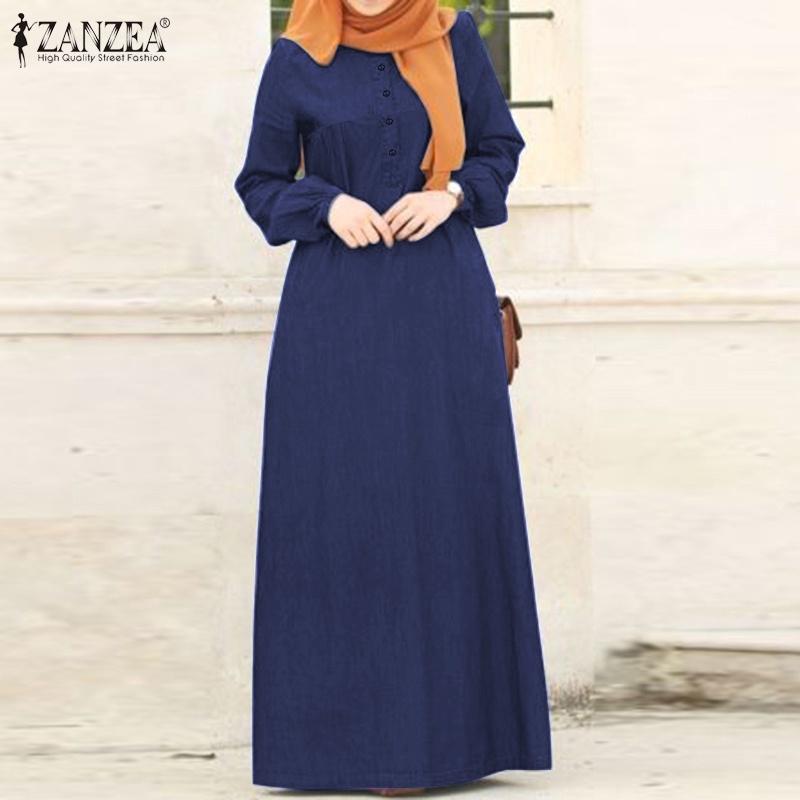 ZANZEA Women Casual Long Sleeve Elastic Cuff Muslim Long Dress