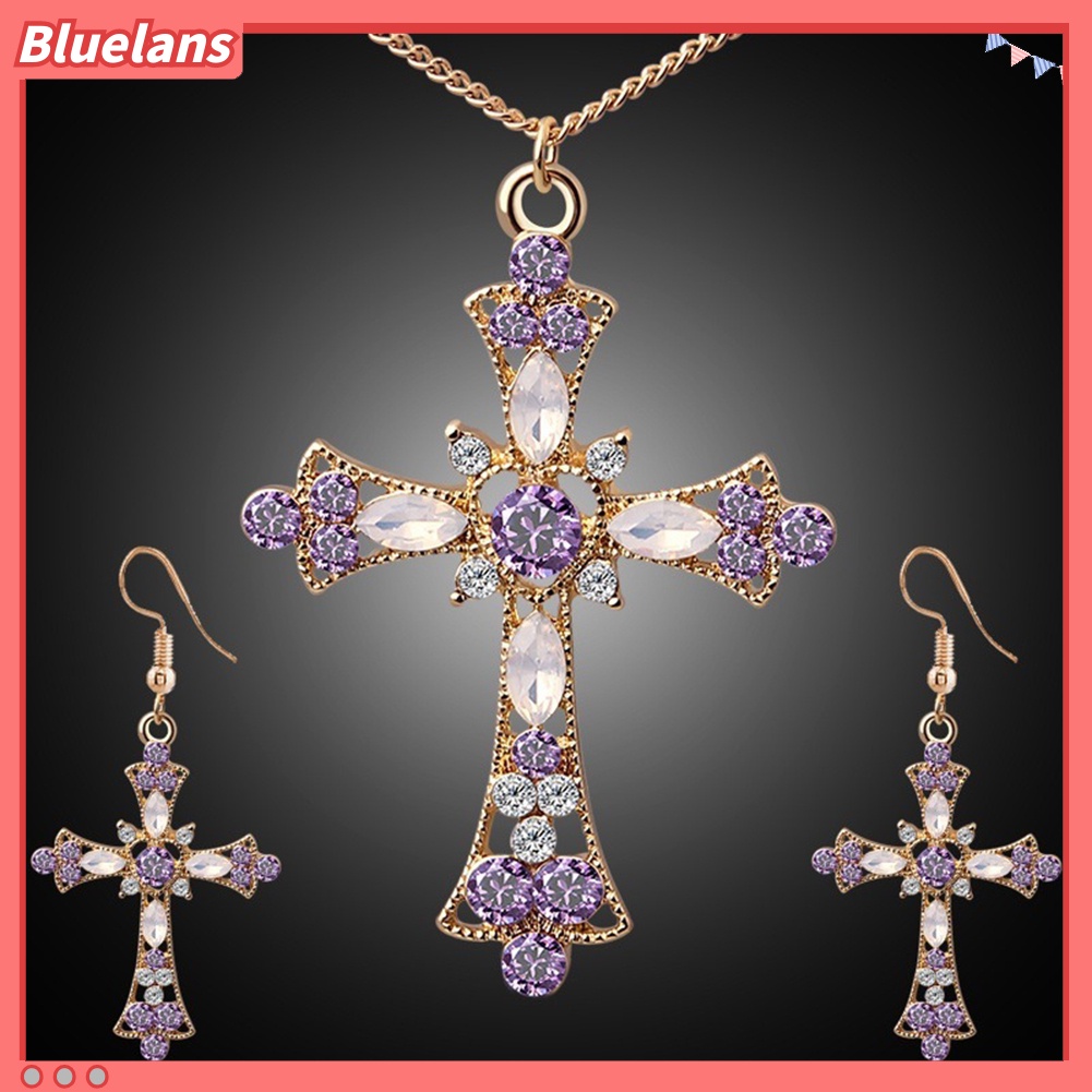 Bluelans Women Rhinestone Inlaid Cross Pendant Chain Necklace Hook Earrings Jewelry Set