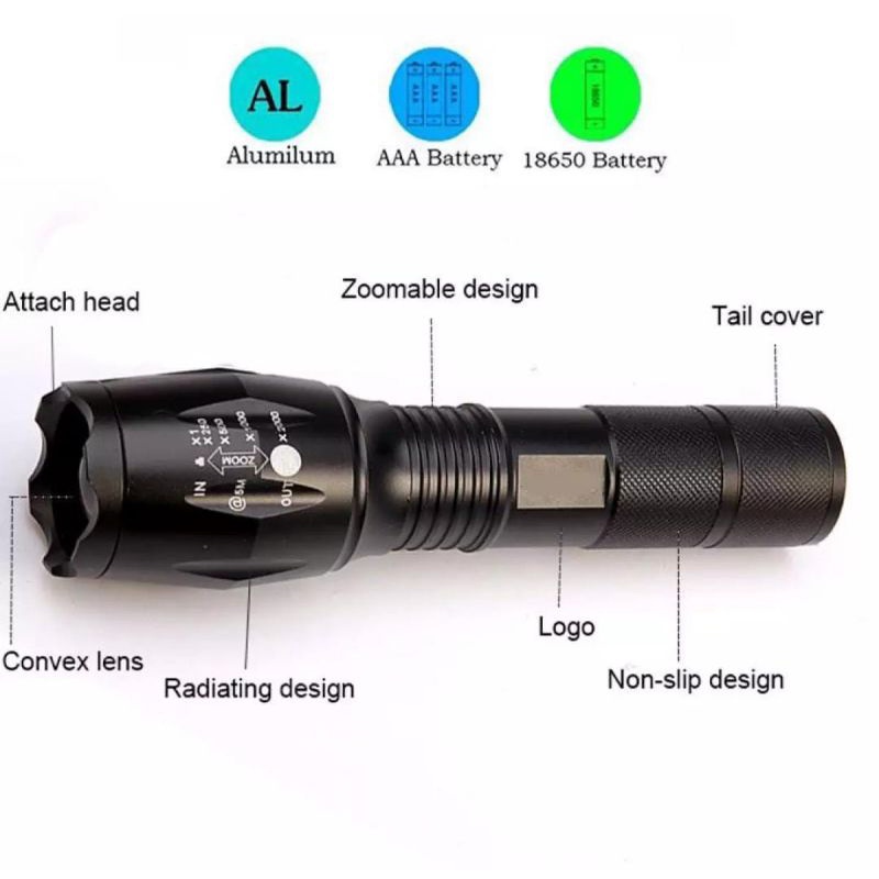 Senter LED Cree XM -L2 8000 Lumens paket tactical